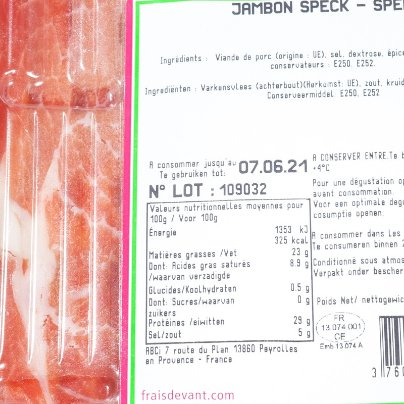 Jambon speck Frais Devant 100g  Charcuteries tranchées