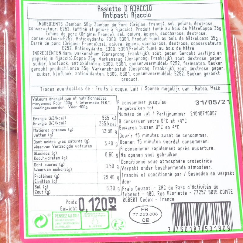 Assiette Corse d'Ajaccio Frais devant 120g  Charcuteries tranchées