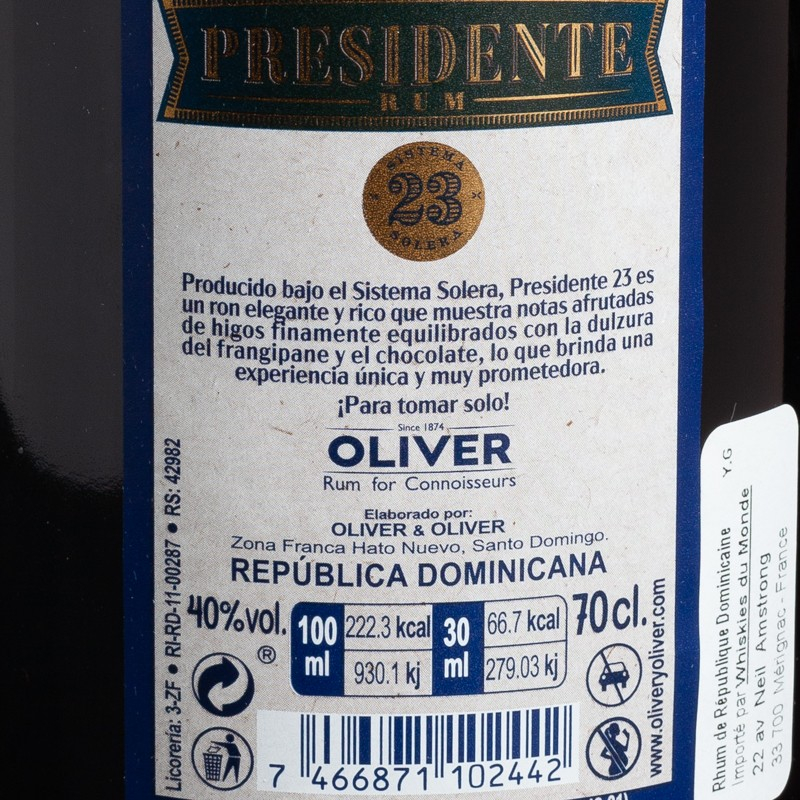NSA - Rhum Presidente 23 ans solera 40% 70cl  NSA