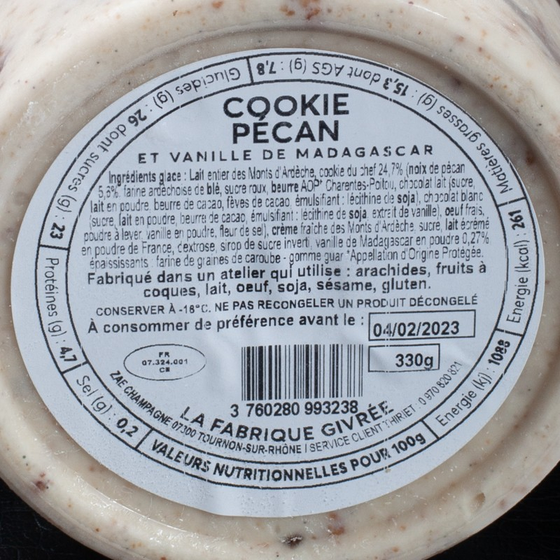 Glace cookie pécan 500ml La Fabrique Givrée  Crème glacée