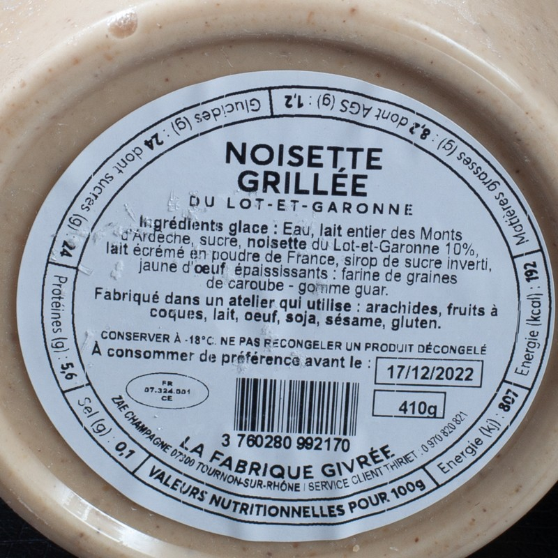 Glace noisettes grillée 500ml La Fabrique Givrée  Crème glacée