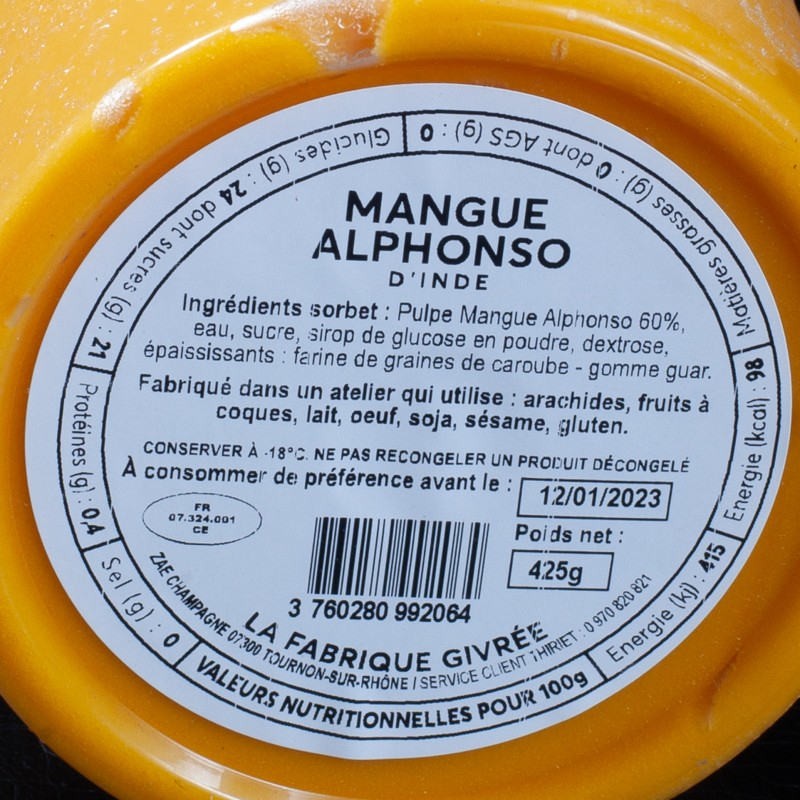 Glace mangue alphonso 500ml La Fabrique Givrée  Crème glacée