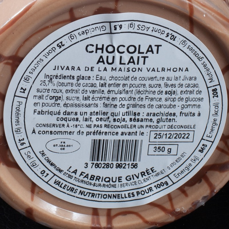 Glace chocolat au lait 500ml La Fabrique Givrée  Crème glacée