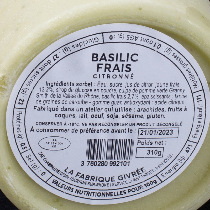 Glace basilic frais citronné 500ml La Fabrique Givrée  Crème glacée