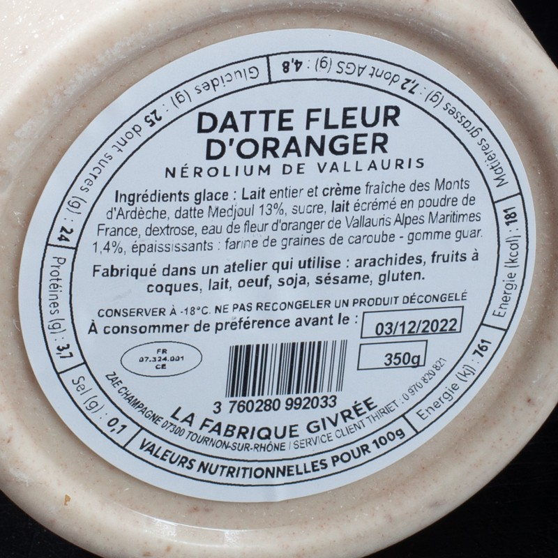 Glace datte et fleur d'oranger 500ml La Fabrique Givrée  Crème glacée