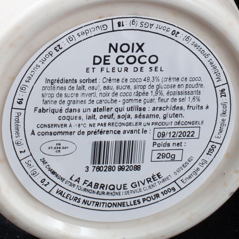 Glace coco et fleur de sel 500ml La Fabrique Givrée  Crème glacée