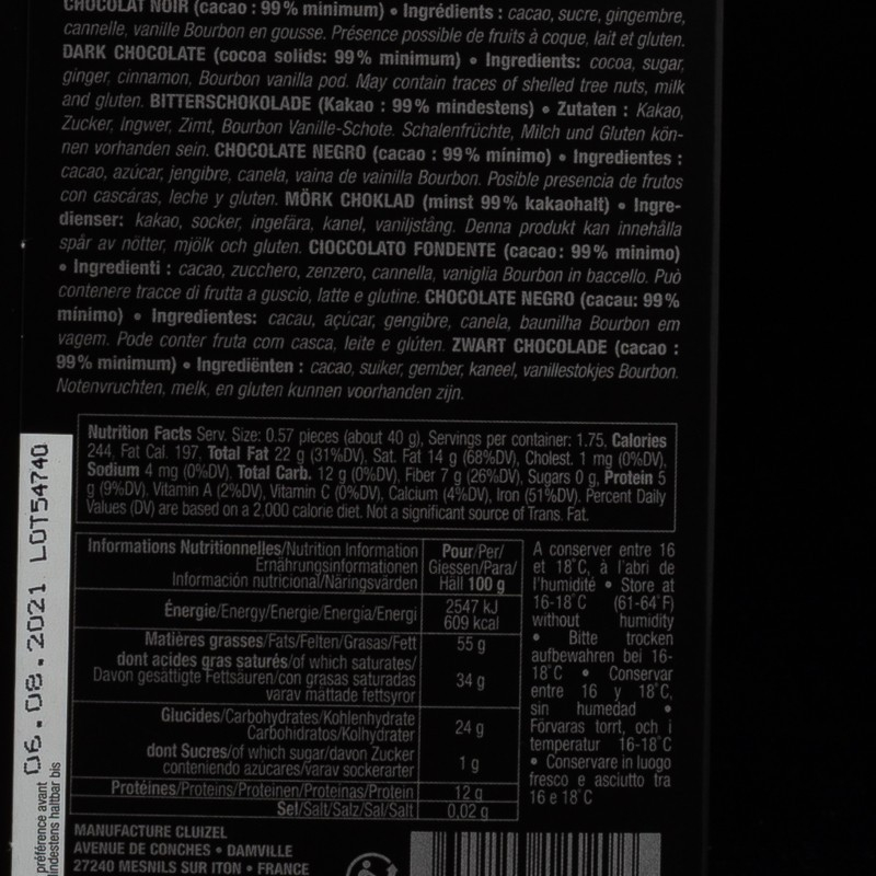 Chocolat noir infini 99% 90g Michel Cluizel  Tablettes de chocolat