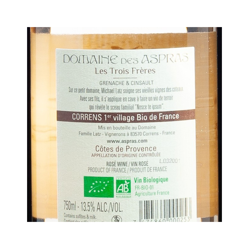 Côtes de Provence Rosé Les 3 Frères 75cl Domaine des Aspras  Provence