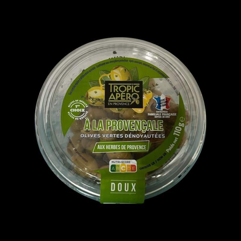 Olives vertes dénoyautées provençales aux herbes 110g Tropic Apéro  Olives