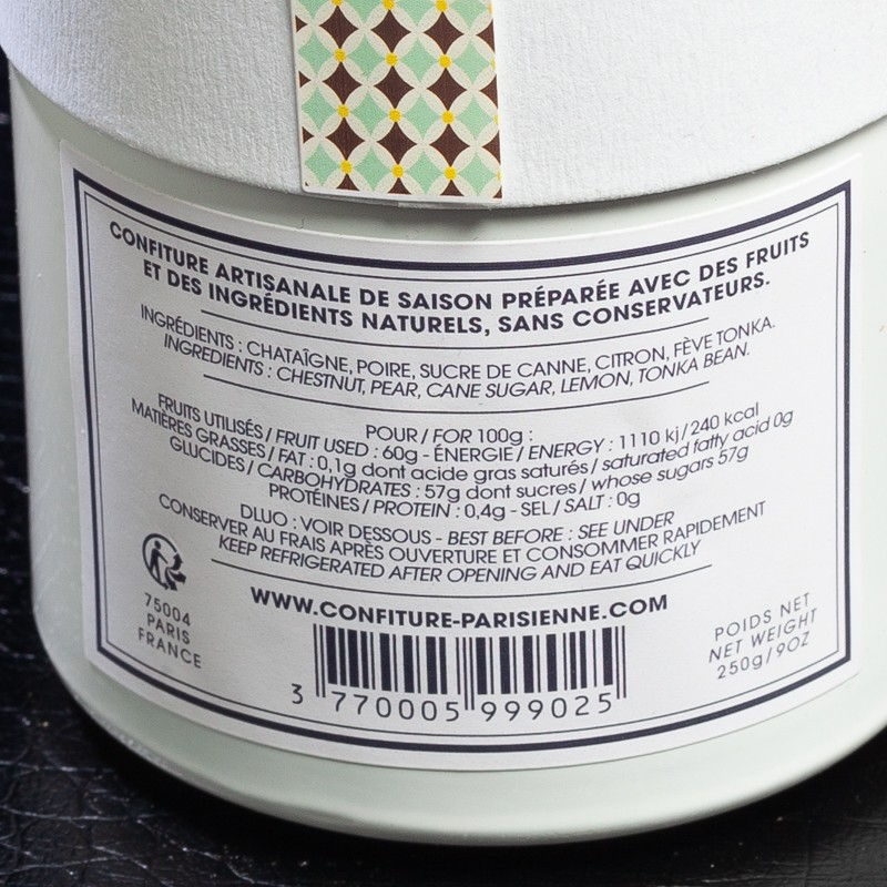 Confiture châtaigne, fève tonka poire 250g Confiture Parisienne  Confitures
